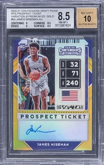 2020-21 Panini Contenders Draft Picks RPS Prospect Tickets Variation B Premium Edition Gold #53 James Wiseman Signed Rookie Card (#04/10) - BGS NM-MT+ 8.5/BGS 10